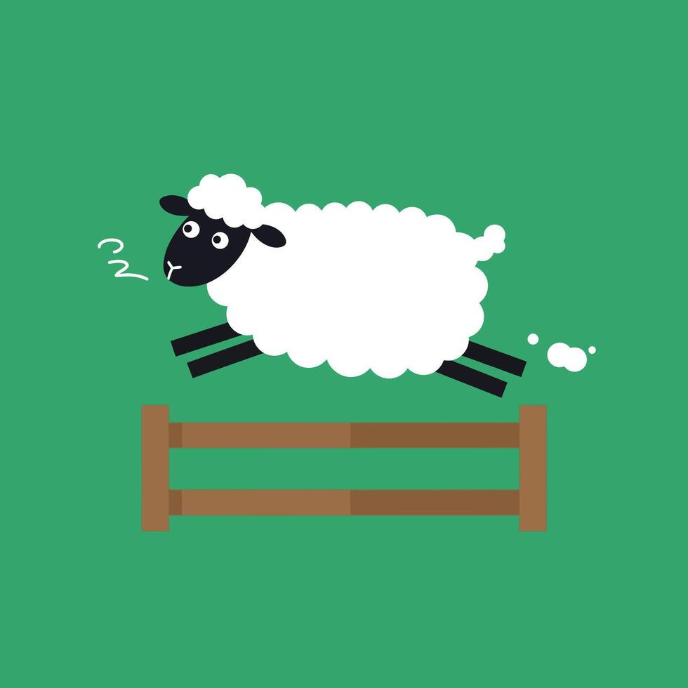 A playful sheep jumping over a wooden fence in a flat, colorful illustration vector