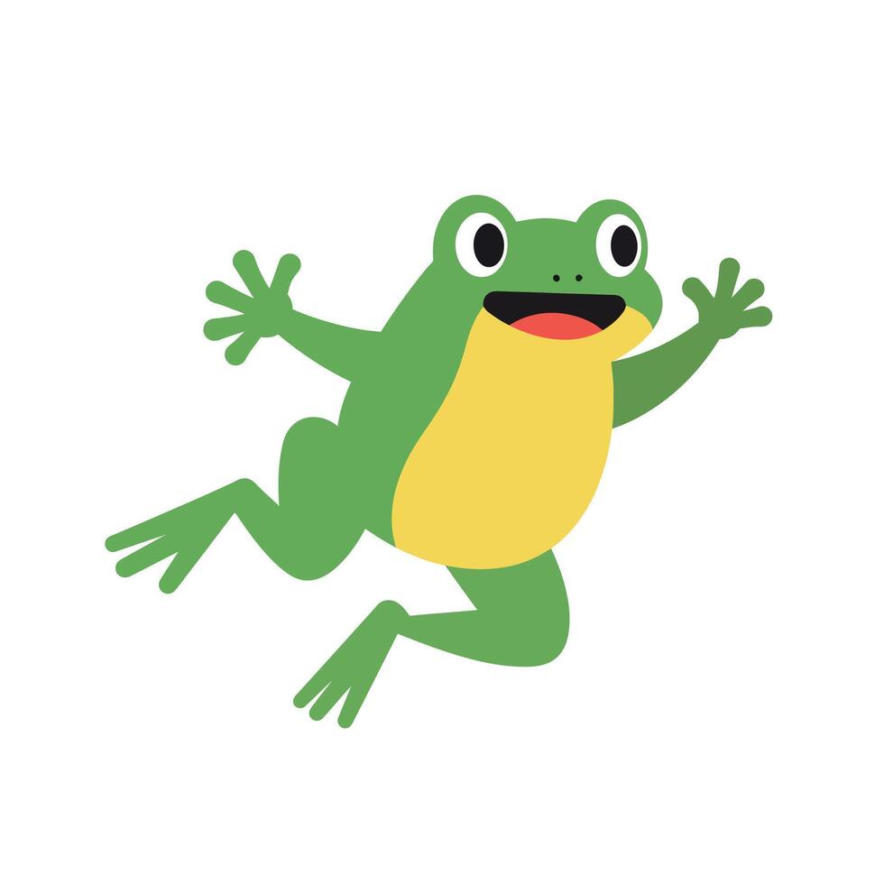 A cheerful green frog jumping joyfully in a flat, minimalist design illustration vector