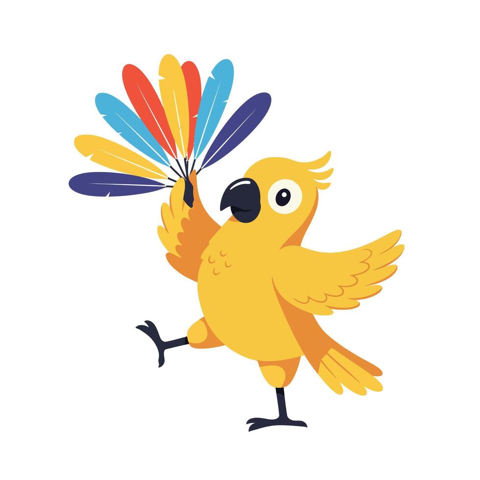 Cheerful yellow bird dancing with colorful feathers in a playful flat illustration vector