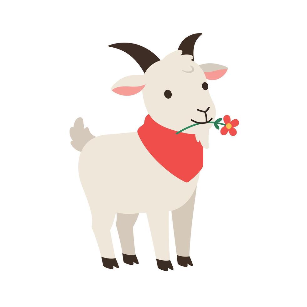 Cute white goat with a red scarf holding a flower in its mouth, flat illustration vector
