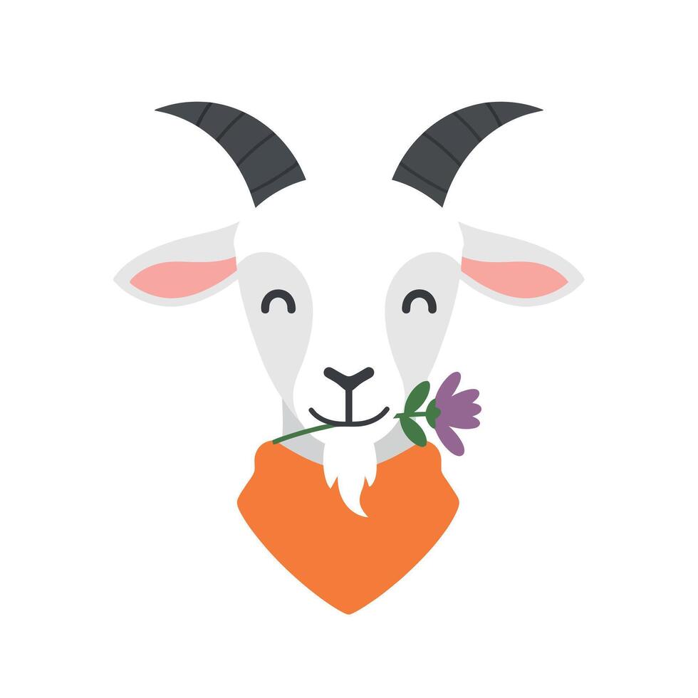 Goat head wearing an orange scarf with a flower in its mouth, flat art vector