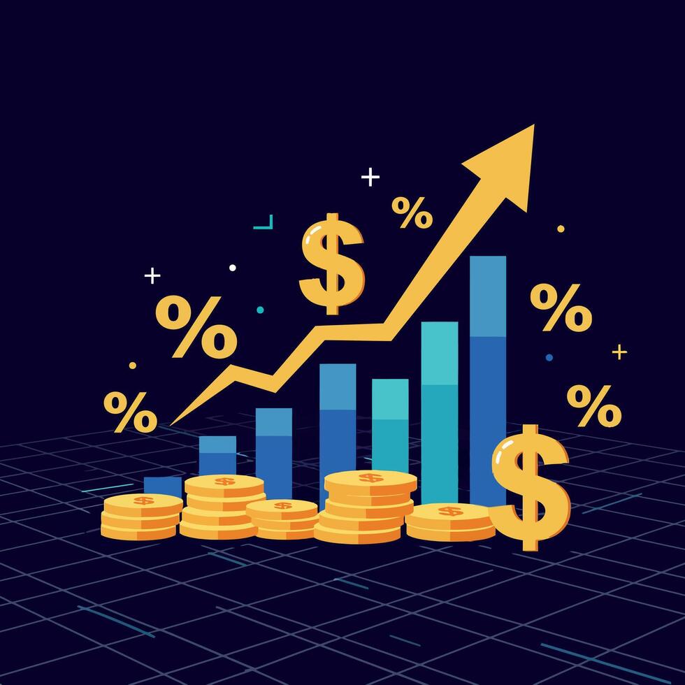 Financial growth chart with upward trend, gold coins, and currency symbols in flat art vector