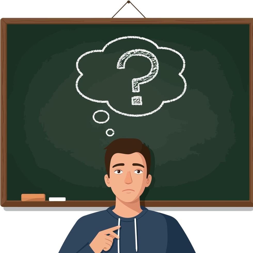 Young man pondering in front of green chalkboard with thought bubble, flat illustration vector