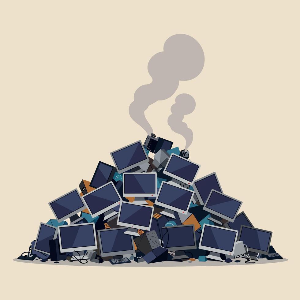 Pile of discarded computer monitors with smoke rising in a flat art style vector