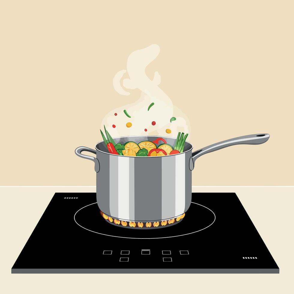 Cooking pot with colorful vegetables steaming on a modern stove in minimal art vector
