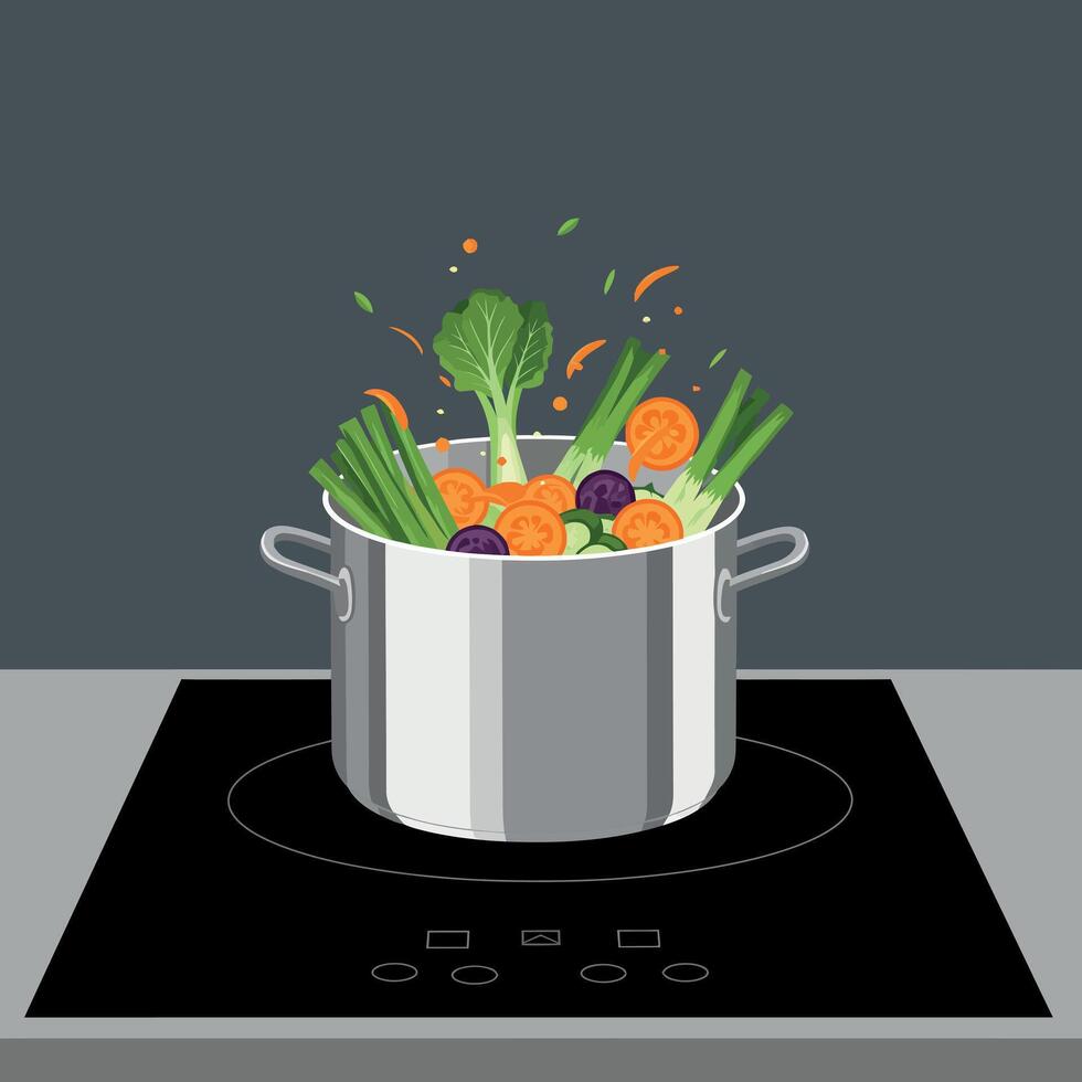 Cooking vegetables in a stainless steel pot on an induction stove, flat art vector
