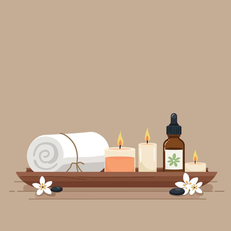 Spa essentials including rolled towel, candles, essential oil, and flowers in flat art vector