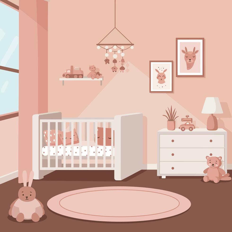 Cozy nursery room featuring a crib, soft toys, and gentle decor in a minimal style illustration vector