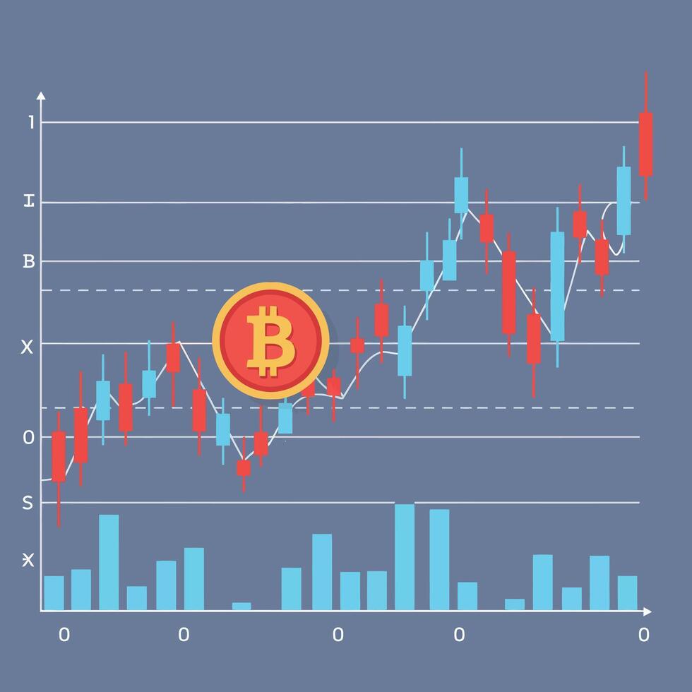 Cryptocurrency market trend analysis with flat design featuring Bitcoin symbol and candlestick chart in art vector