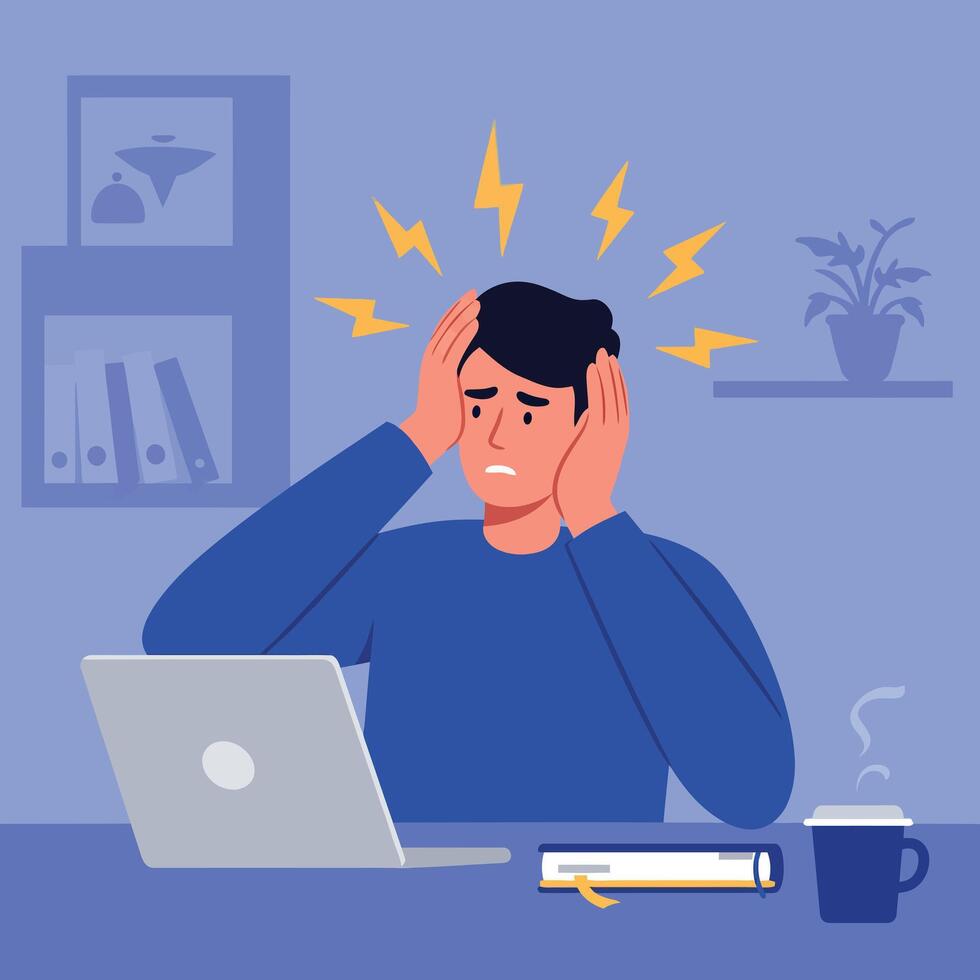 Frustrated man at a desk with a laptop in a flat illustration depicting stress vector