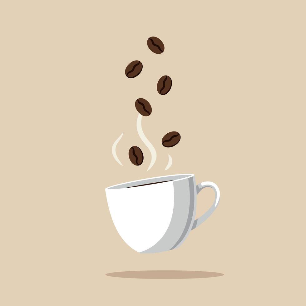 White coffee cup with floating coffee beans and steam in minimal art vector