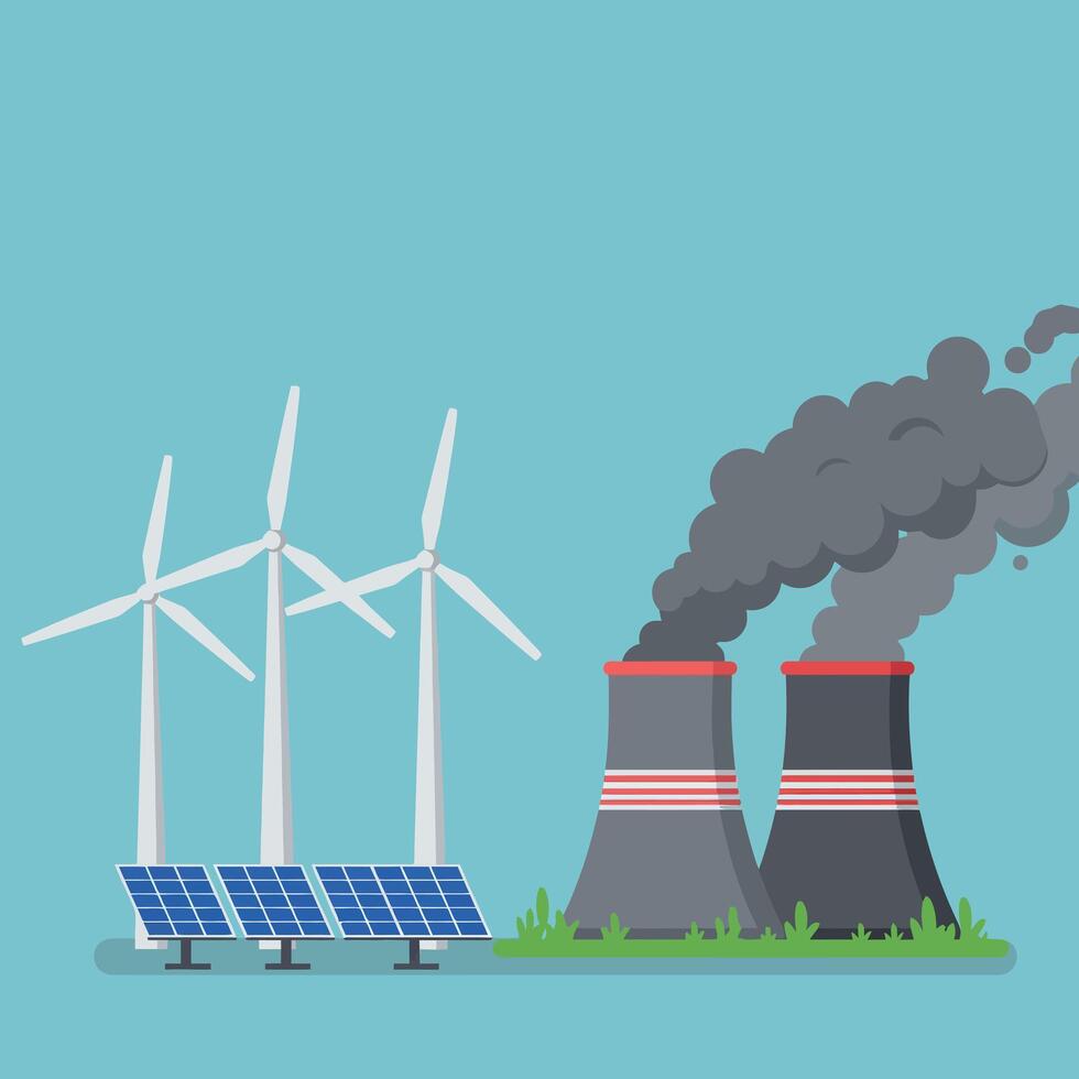 Renewable energy sources with wind turbines, solar panels, and smoke-emitting power plants in flat art vector
