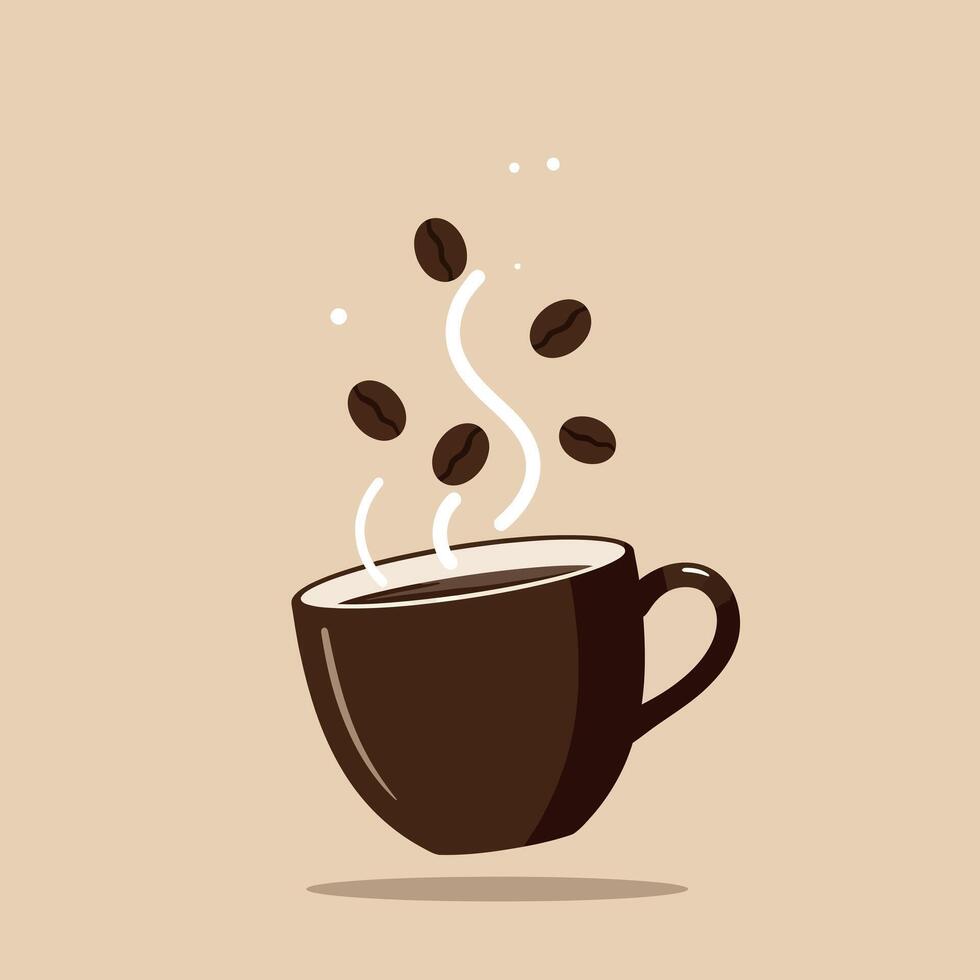 Brown coffee cup with steam and floating coffee beans in flat art vector