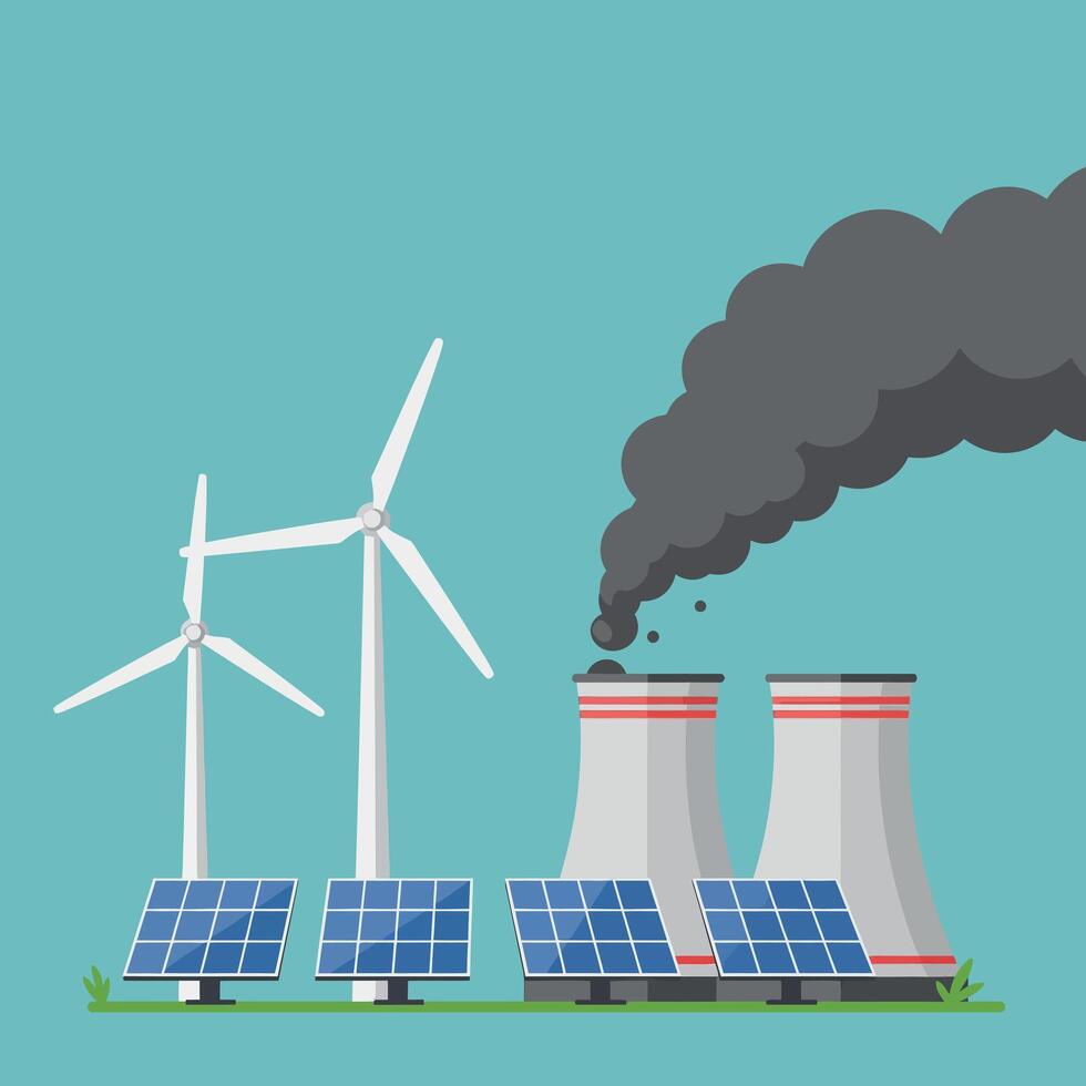 Wind turbines and solar panels with smoke from cooling towers in flat art vector