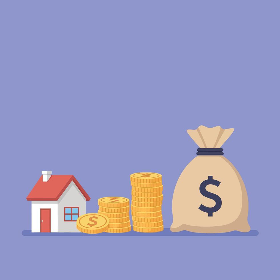 House, coins, and money bag in flat design style illustration vector