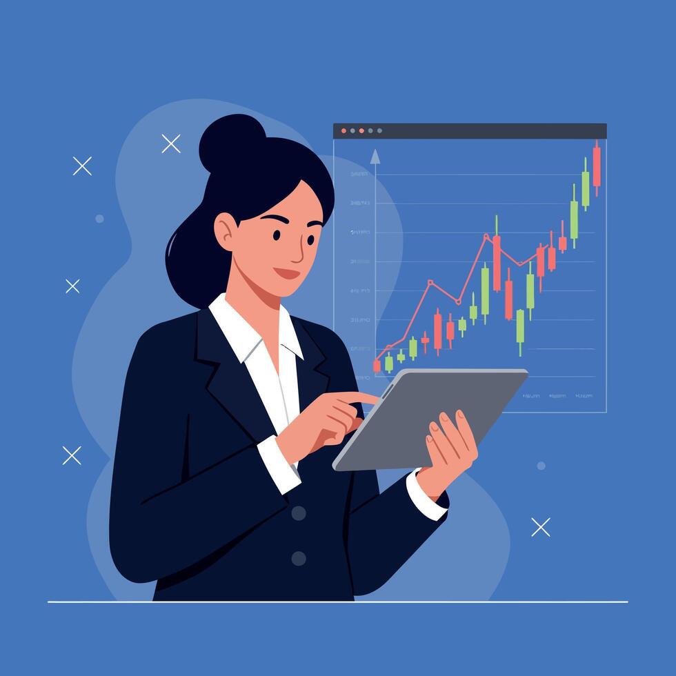 Businesswoman analyzing financial data on a tablet in flat art vector