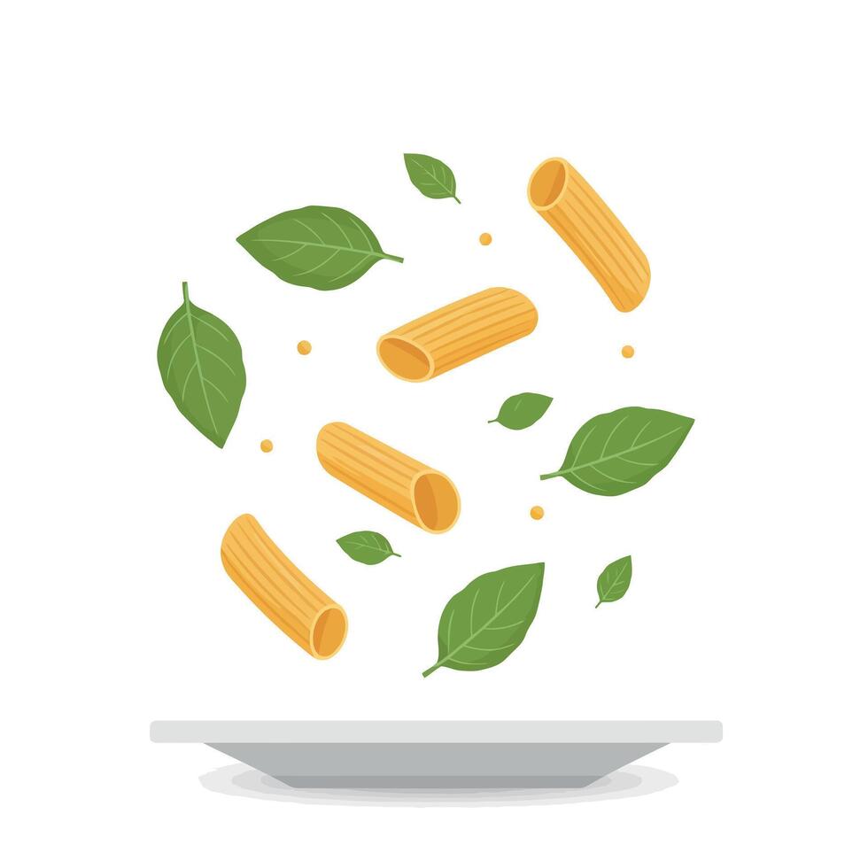 Pasta tubes and fresh green basil leaves floating above a white plate in a minimal illustration vector