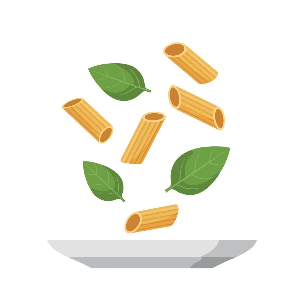 Pasta rigatoni and fresh basil leaves floating above a white plate in flat art vector