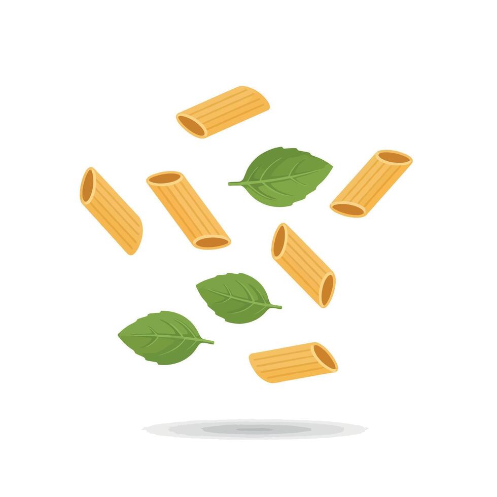 Colorful pasta rigatoni and fresh basil leaves in a playful floating arrangement art vector