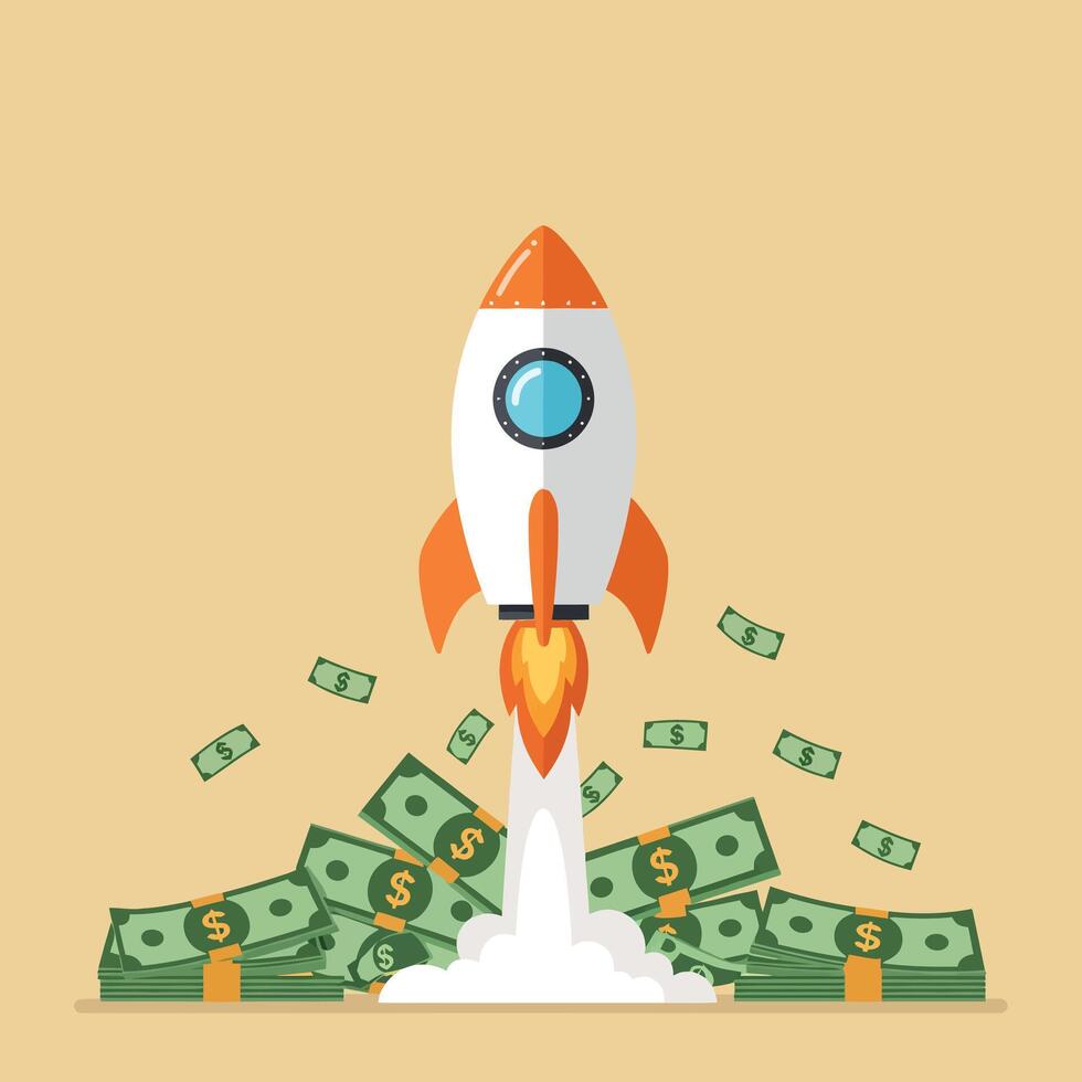 Rocket launching upwards surrounded by flying money in a flat illustration vector