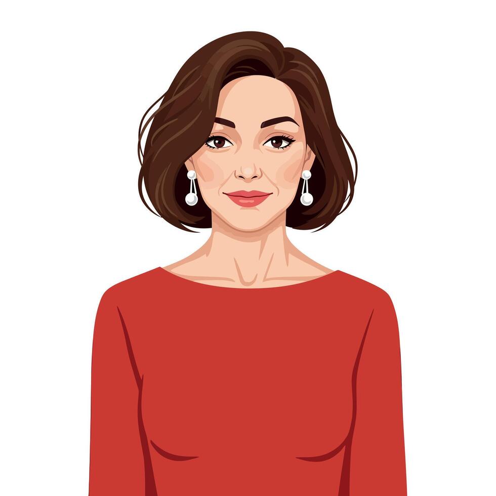 Woman with elegant hairstyle and red dress in flat art style showcasing confidence and poise in a minimalistic design art vector