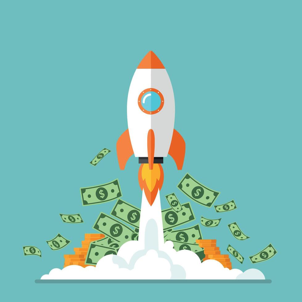 Rocket launching with money bills in a flat and vibrant illustration vector