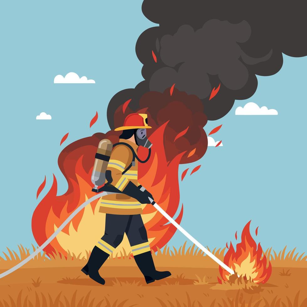 Firefighter in action battling flames in a flat illustration vector