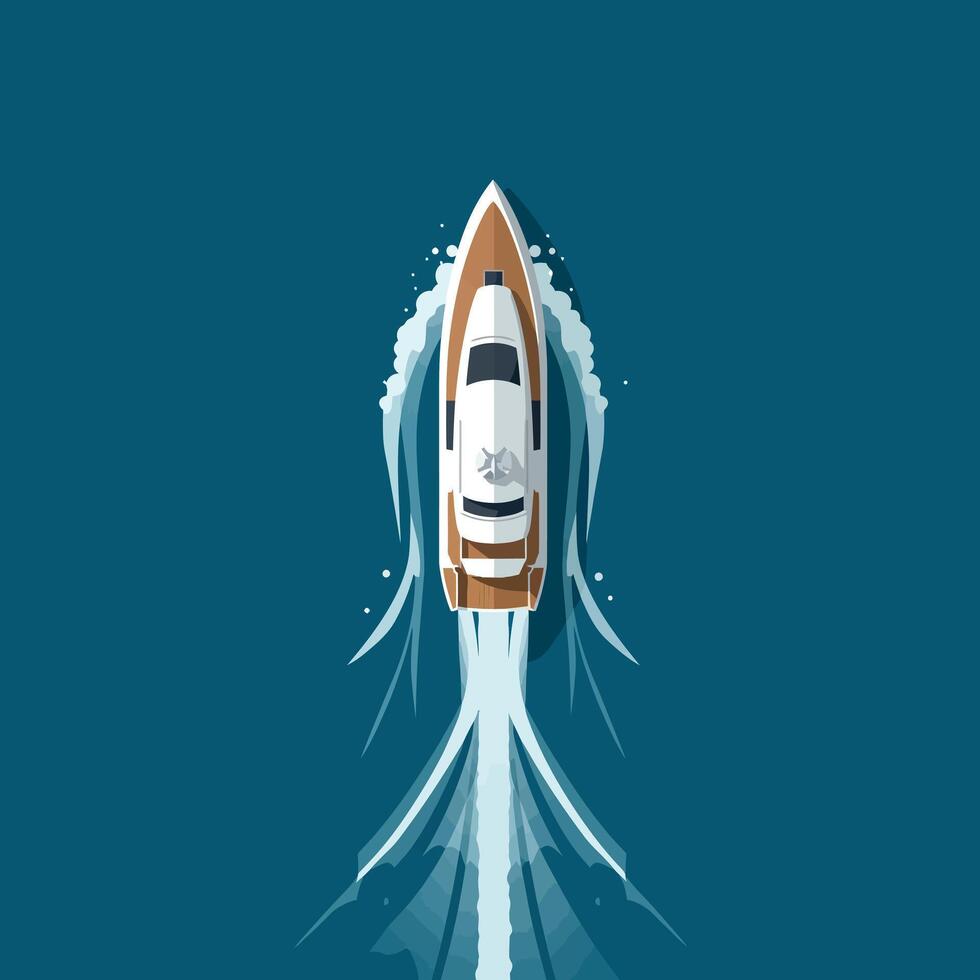 A sleek motorboat racing across deep blue water in minimal art vector