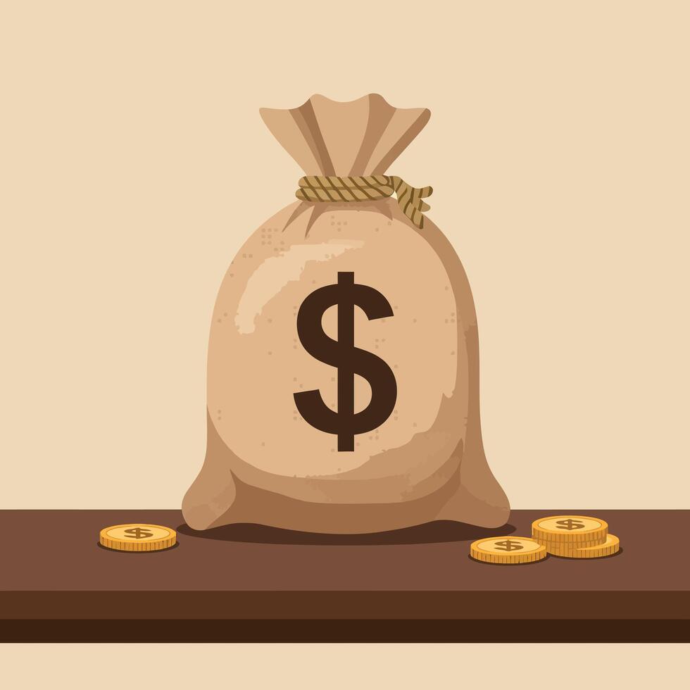 Money bag with dollar sign and coins on wooden table in flat art vector