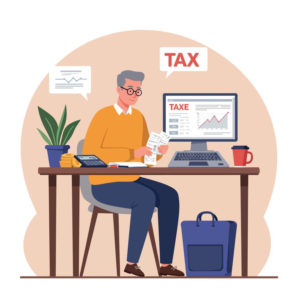 Man preparing tax documents at a desk with computer in flat illustration vector
