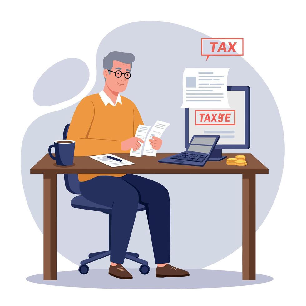 Elderly man in glasses working on tax documents at a desk in flat art vector