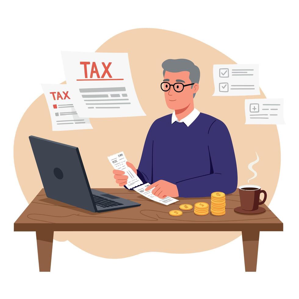 A man analyzing tax documents at a wooden desk in a minimal flat illustration vector