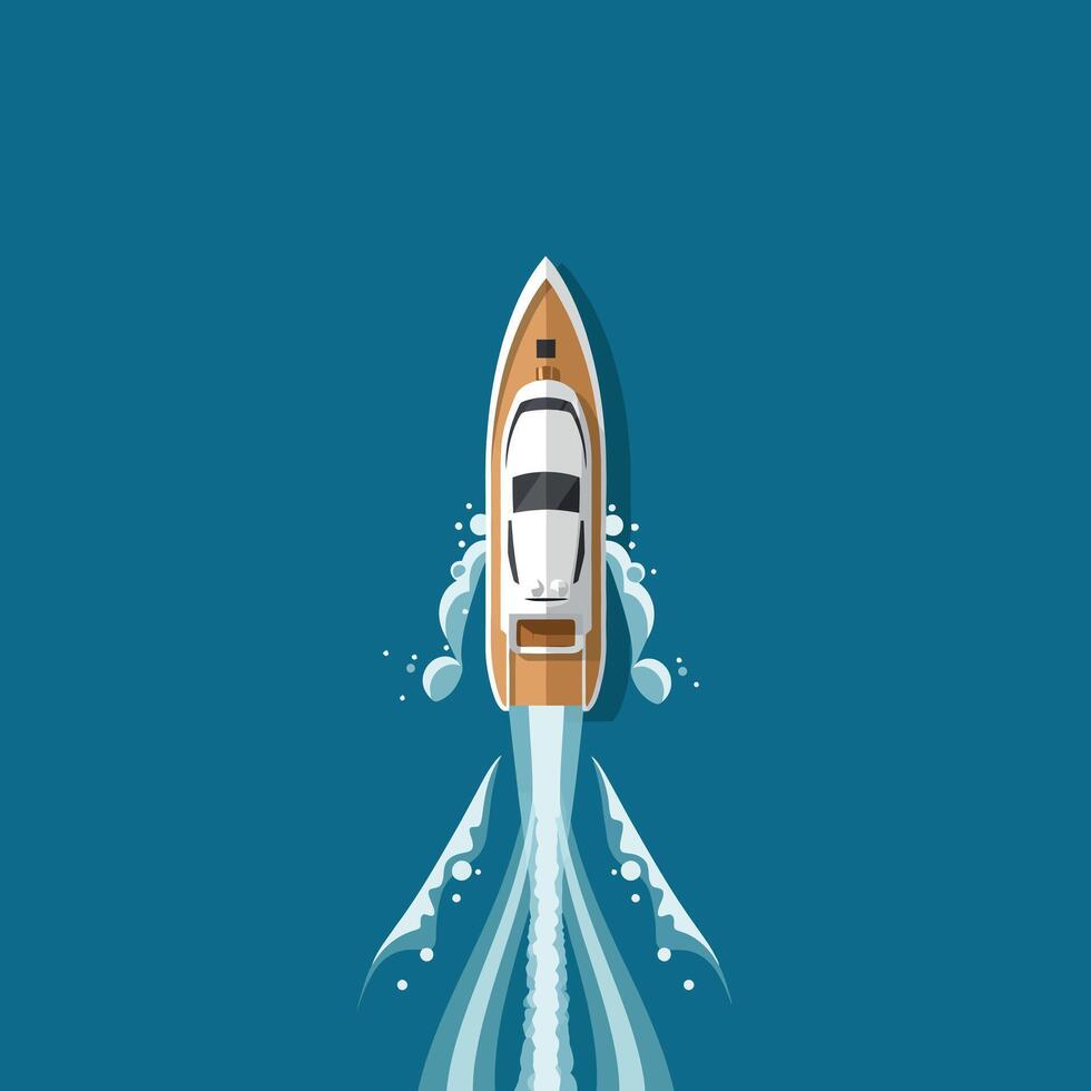 Top view of a sleek motorboat cruising on clear blue waters in flat art vector