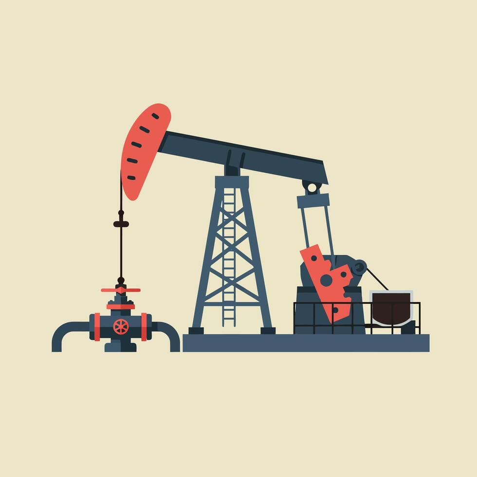 Oil pump jack and valve in minimal flat design illustration vector
