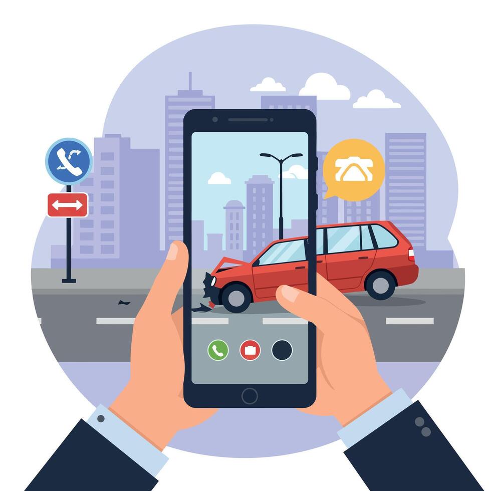 A person capturing a car accident scene using a smartphone in flat art vector
