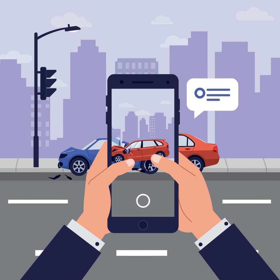 Person taking a photo of a car accident scene in flat art vector