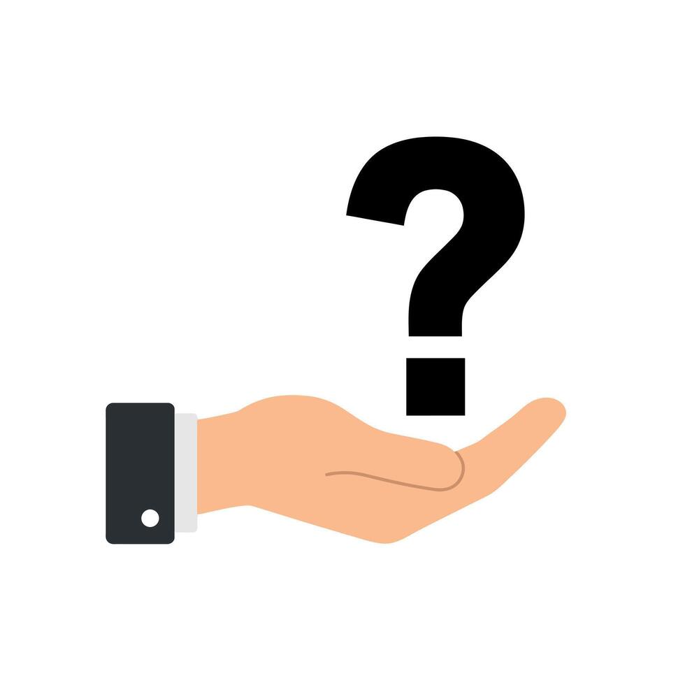 Hand holding a large question mark in a flat and minimal design illustration vector