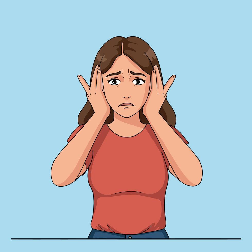 Concerned woman with hands on her face in flat art style expressing worry and anxiety vector
