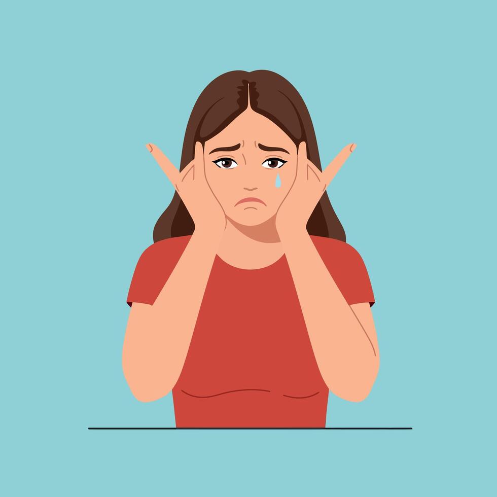 Young woman expressing sadness with hands on her face in minimalist illustration vector