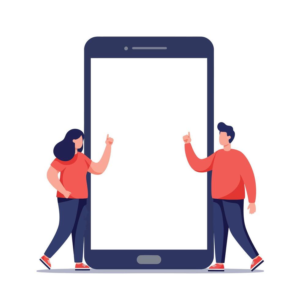 Two people interacting with a large smartphone in a flat design illustration vector