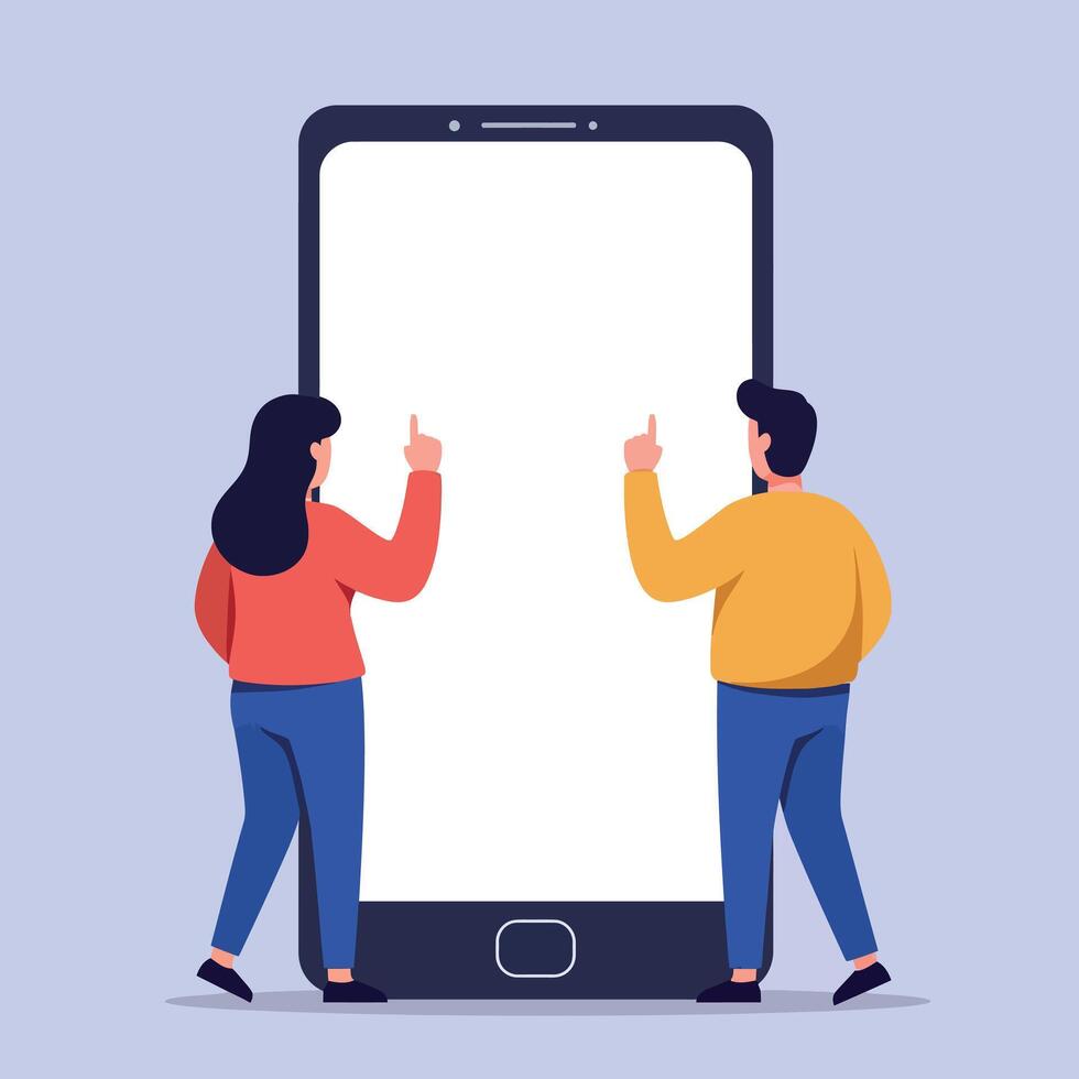Two people interacting with a large smartphone in a flat illustration vector