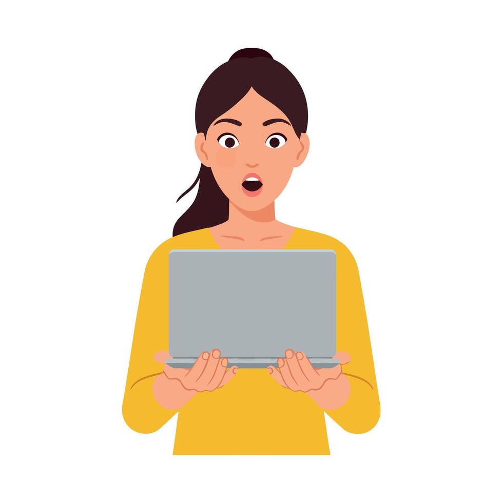 Surprised woman holding a laptop with an open screen in a flat illustration vector