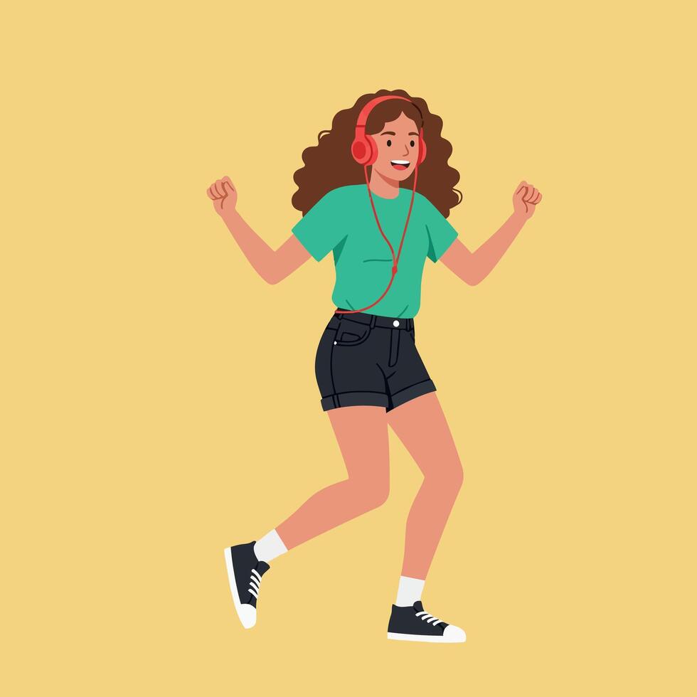 A joyful girl dancing with headphones in a vibrant flat design illustration vector