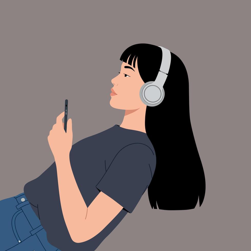 Young woman relaxing with headphones in flat art style surrounded by a calming environment vector