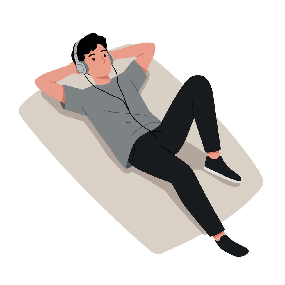 Young man relaxing on a mat wearing headphones in a flat design illustration vector