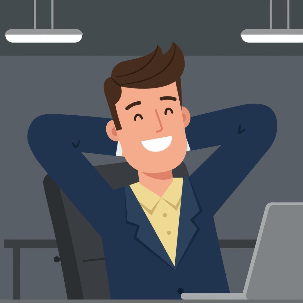 Happy businessman relaxing at his desk in a modern office, flat illustration vector