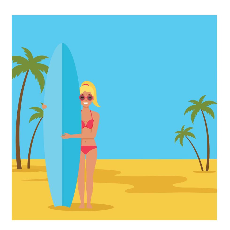Young woman holding a surfboard on a sunny beach with palm trees in flat art vector