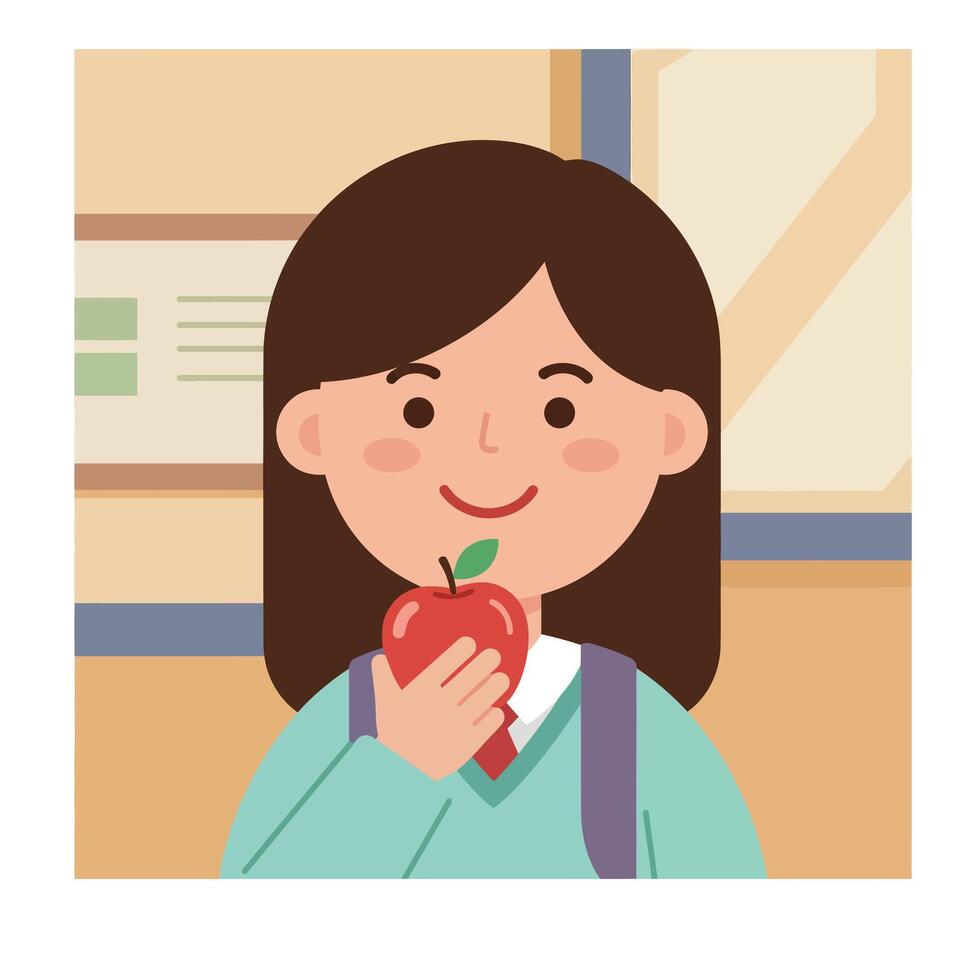 Cheerful girl holding a red apple in a minimal flat design illustration vector