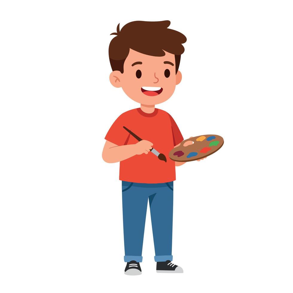 Happy boy holding a paint palette in a flat cartoon style illustration vector