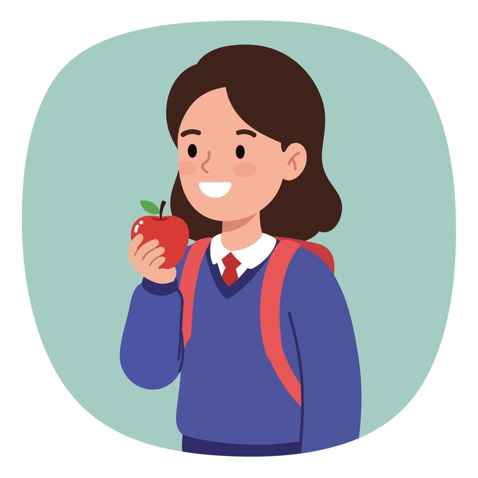 Cheerful girl holding a red apple with a backpack, minimal illustration vector